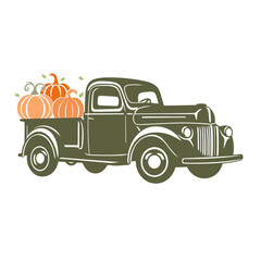 A vintage green pickup truck carrying several orange pumpkins in the back