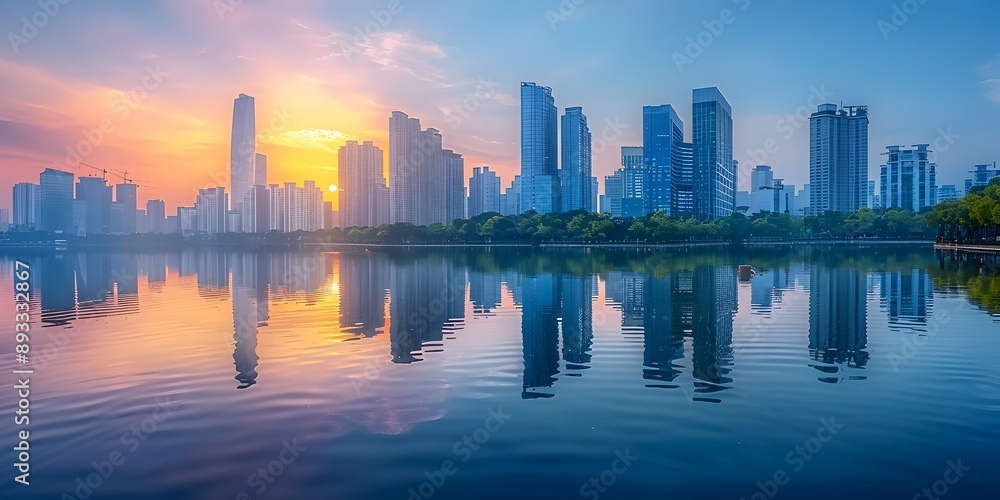 Sticker serene cityscape with tall skyscrapers reflecting in tranquil river at sunset