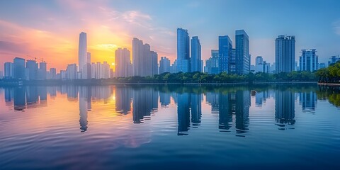 Fototapeta premium Serene Cityscape with Tall Skyscrapers Reflecting in Tranquil River at Sunset