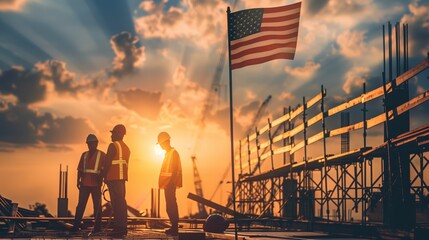 a construction site with workers in helmets and vests, an American flag waving in the breeze.