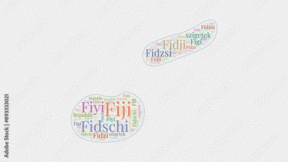 Poster fiji logo animation. fiji boundary word cloud animation. video of country names in multiple language