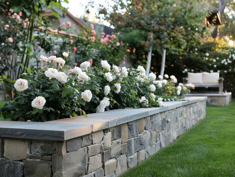 White Rose Garden Retreat: A Beautiful Stone Retaining Wall Creates Elevated Seating - Powered by Adobe