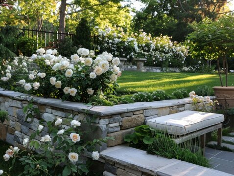 White Roses and Stone Walls: Elevated Garden Seating in the Outdoors - Powered by Adobe