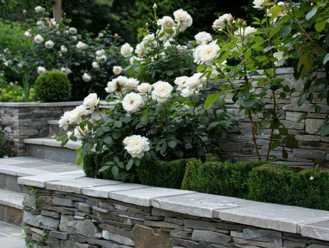 Enhancing Outdoor Seating: A Beautiful Raised Planter Bed of White Roses with Matching Stone Retaini - Powered by Adobe