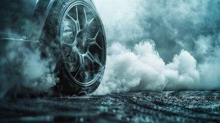 Tires spinning, wheels spinning, tire smoke screen.