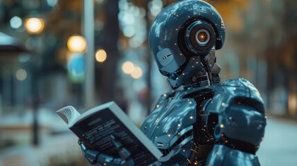 Fototapeta premium A Robot Is Reading a Book on the Sidewalk in the Dark of the Night - Generative AI
