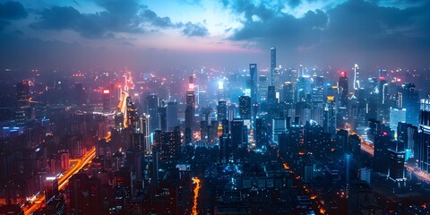 Energetic Night Cityscape with Bustling Metropolis and Towering Skyscrapers