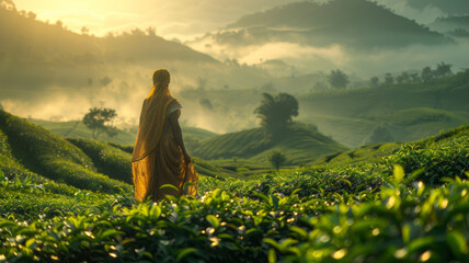 Women in a sari, picking tea leaves. Large Dark eyes. Graceful hands. Indian tea plantation. Morning Misty hills,generative ai