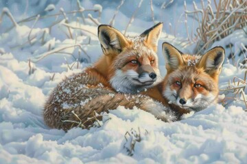 Obraz premium Red Fox pair in snow