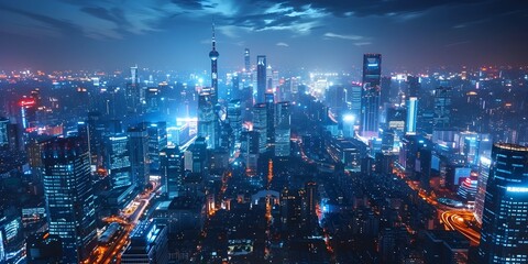 Fototapeta premium Energetic and Lively Nighttime Cityscape with Towering Skyscrapers and Bustling Metropolis Illumination