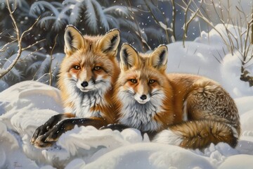 Obraz premium Red Fox pair in snow