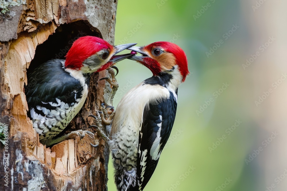 Wall mural red-headed woodpecker at nesting cavity feeding young