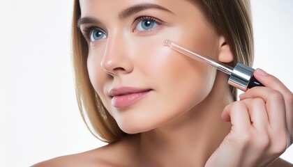 Fototapeta premium Beautiful Woman holding a Pipette with Skincare Serum - Applying Serum to her Face - Hyaluronic Acid, Anti Aging, Moisturiser, Repair, Hydrating, Vitamin, Ascorbic, Retinol, Exfoliant, Azelaic