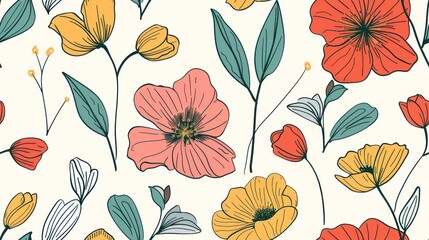 Obraz premium Floral pattern with vibrant flowers and green leaves