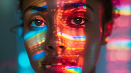 Obraz premium A Close up of a Woman's Face in Front of a Rainbow Colored Background - Generative AI