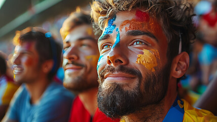 soccer fans with face paint on the stands yelling in a cinematic,generative ai