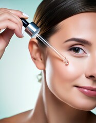 Fototapeta premium Beautiful Woman holding a Pipette with Skincare Serum - Applying Serum to her Face - Hyaluronic Acid, Anti Aging, Moisturiser, Repair, Hydrating, Vitamin, Ascorbic, Retinol, Exfoliant, Azelaic