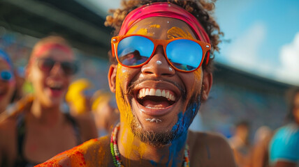 soccer fans with face paint on the stands yelling in a cinematic,generative ai