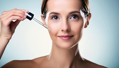 Obraz premium Beautiful Woman holding a Pipette with Skincare Serum - Applying Serum to her Face - Hyaluronic Acid, Anti Aging, Moisturiser, Repair, Hydrating, Vitamin, Ascorbic, Retinol, Exfoliant, Azelaic