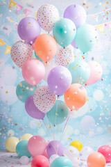  photo booth balloons, Cheerful array of bright balloons in a festive photo booth setting, with celebratory banners and a whimsical backdrop.