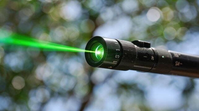 Green laser pointer emitting beam in blurred background
