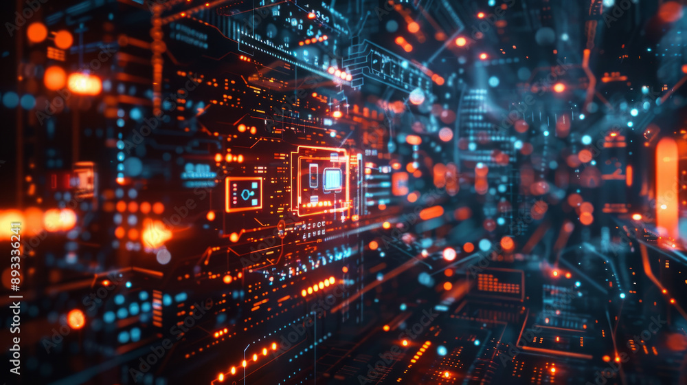 Poster ai cyber security, virtual landscape with secure browser connections and firewall graphic, lines of 