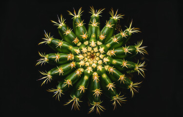 Cactus photography, with a pattern explosion, from a bird's-eye view on a black background.