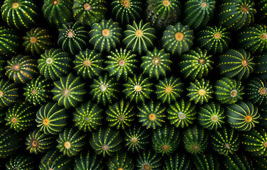 Cacti cropped and stacked against each other, with a pattern explosion, on a black background, in light brown and green colors.