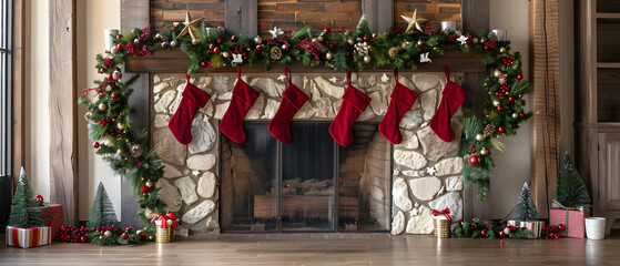 Fototapeta premium Stone fireplace decorated for Christmas with stockings and garland.