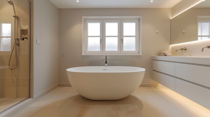 Simple and elegant minimalist bathroom with a freestanding tub 