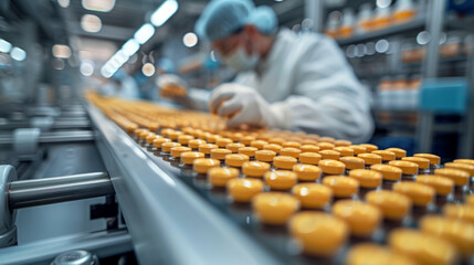Fototapeta premium Medicine production factory, Close-up of technician monitoring flow rates on cleanroom machinery in medicine factory.