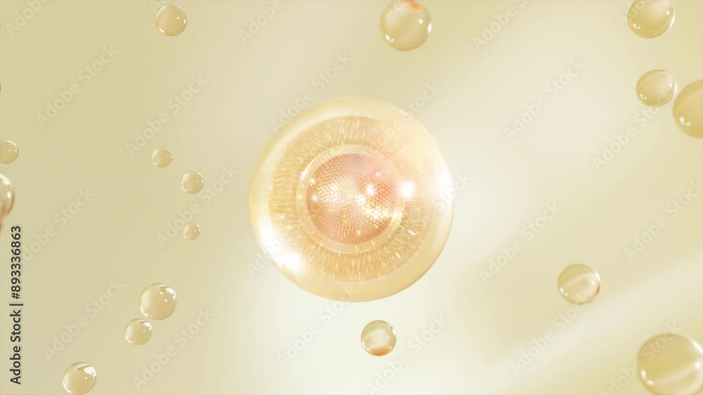 Poster 3d animation cosmetics many atoms floating in droplets. collagen bubbles design. moisturizing cream 