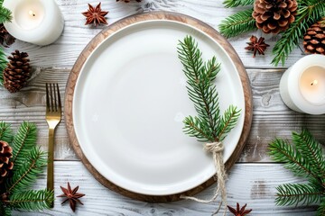 Festive Christmas Table Setting with Empty White Plate and Holiday Decorations