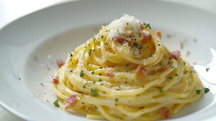 Delicious Spaghetti Carbonara on a White Plate.