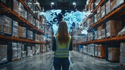 In the warehouse, a worker stands with a holographic map behind, highlighting global trade logistics and distribution