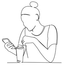 continuous single drawn one line girl drinks coffee and speaks on the hand-drawn picture silhouette. Line art. doodle