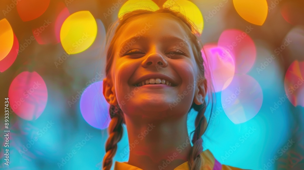 Poster smiling girl enjoying the moment with colorful bokeh lights in the background, creating a vibrant an