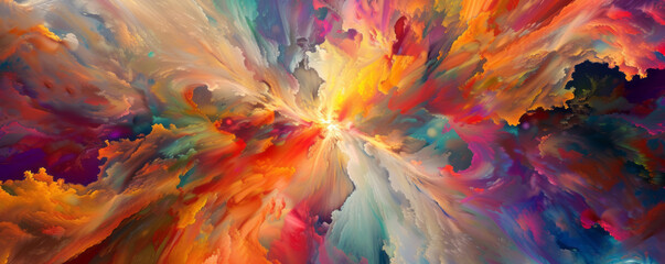 A colorful explosion of color and patterns, with elements of datamoshing, neo-mosaic, dreamlike horizons, and analytical art.