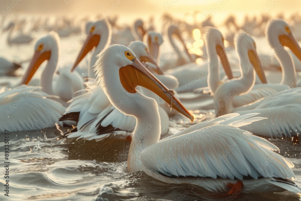 Wall mural white pelicans in display ritual