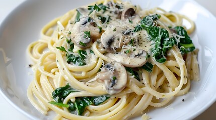 Delicious creamy spinach and mushroom pasta on a white plate.

