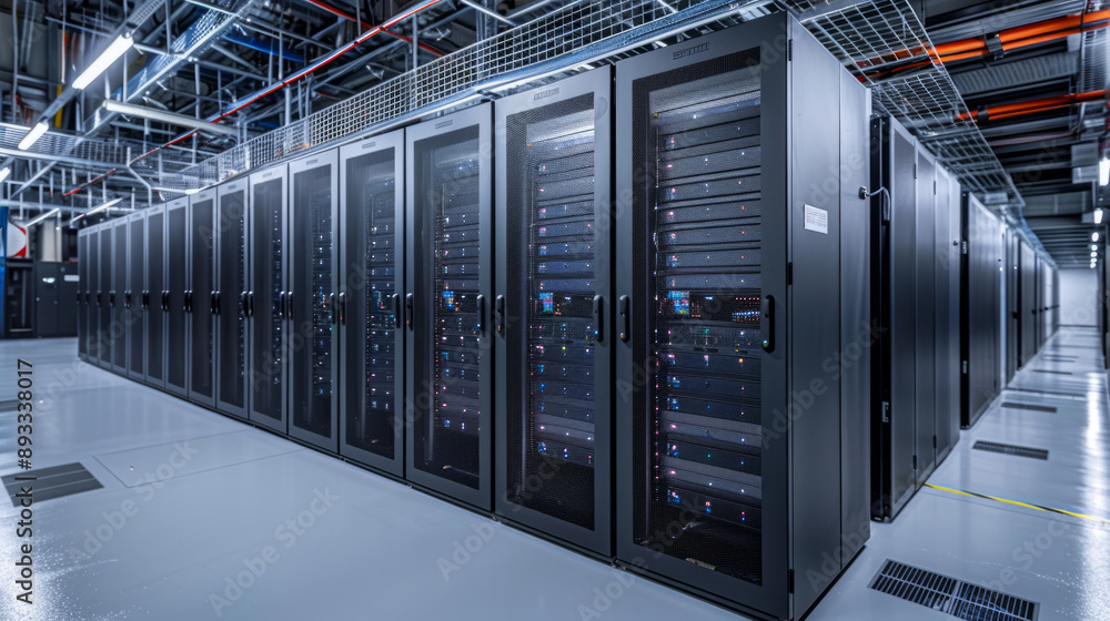 Poster data center reliability, a high-tech data center with immaculate server units and efficient cooling 
