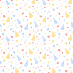Hand drawn birthday hat seamless pattern with air balloons, stars, confetti, and dots.