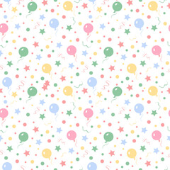 Hand drawn birthday seamless pattern with air balloons, stars, confetti, and dots.