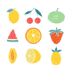 Set of fruits. Fruit for cooking meals. Fruit elements for design. Fruits and berries. Vector Style 