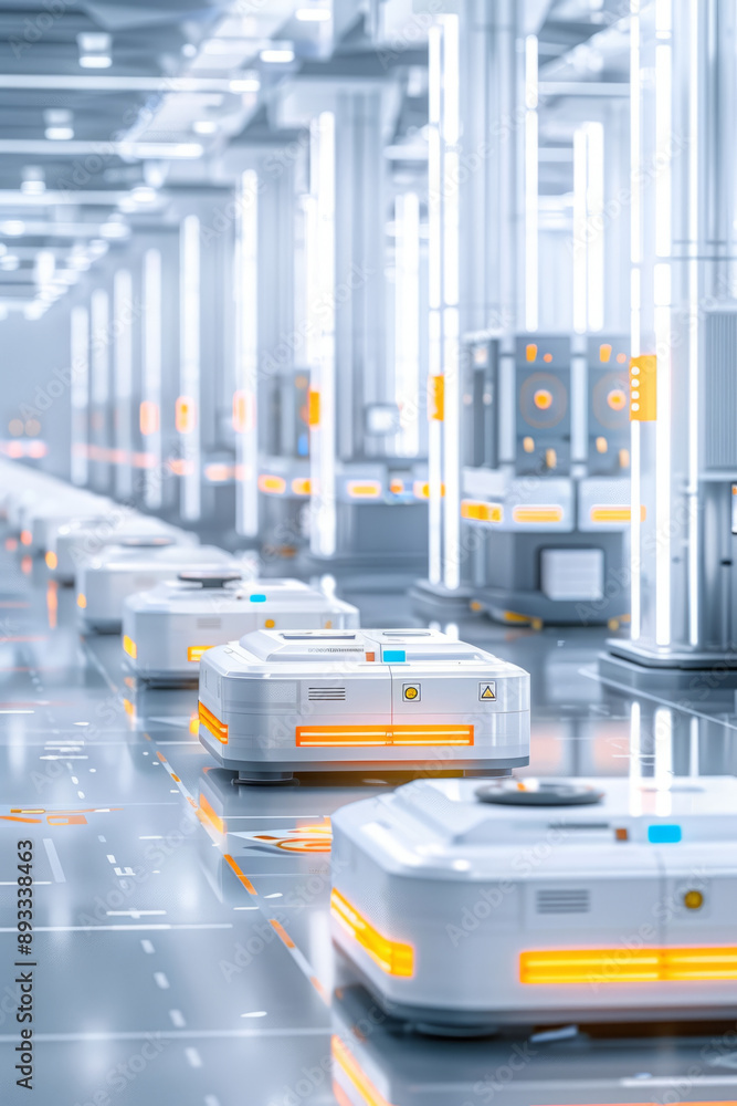 Poster automated distribution systems, ai-powered robots sorting goods in a vast industrial area with natur