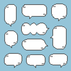 collection set of retro game 8bit pixel speech bubble balloon black and white color with quotation marks, flat design vector illustration