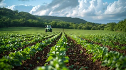A vast cultivated green field with crops growing in rows and a tractor working in the background, with a scenic forested hill and partly cloudy skies overhead.