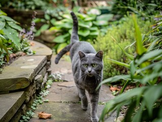 Fototapeta premium The Curious Hunter: A Grey Cat's Adventure in the Garden