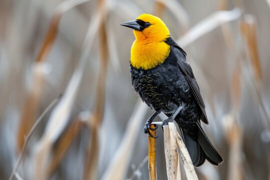 Yellow-headed Blackbird male on cattail