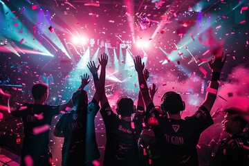 An e-sports team, celebrating a victory in front of a cheering crowd